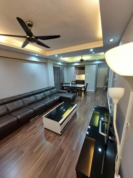Living features: L-shape sectional leather sofa in brown, coffee table with white top and black base, TV console in black, wall-mounted TV, 5-blade ceiling fan with light, recessed LED downlights, laminate wood flooring, decorative wall with grey paint, curtains with floral pattern, dining table with six chairs, pendant light fixture, floor lamp; style: modern.