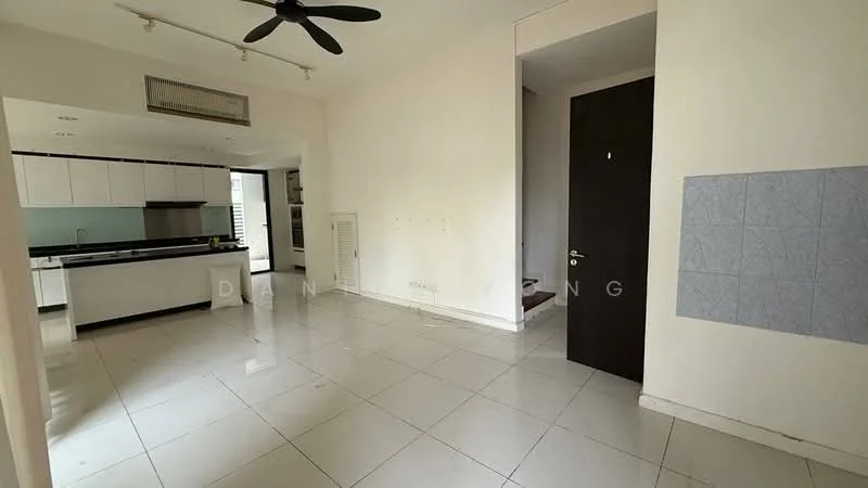Living features: white painted walls, glossy white tile flooring, 5-blade ceiling fan, open kitchen layout, black countertop, white cabinetry, glass backsplash, sliding glass door, large windows, natural light, neutral color scheme; style: modern.