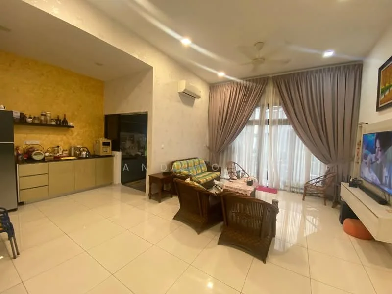 Living features: white tiled flooring, yellow accent wall, recessed downlights, 5-blade ceiling fan, large floor-to-ceiling windows with sheer curtains, sofa set with cushions, coffee table, TV console with wall-mounted TV, decorative wall art, open kitchen area with cabinetry, microwave, kitchen appliances on countertop, dining chairs, bamboo-style chairs; style: modern.