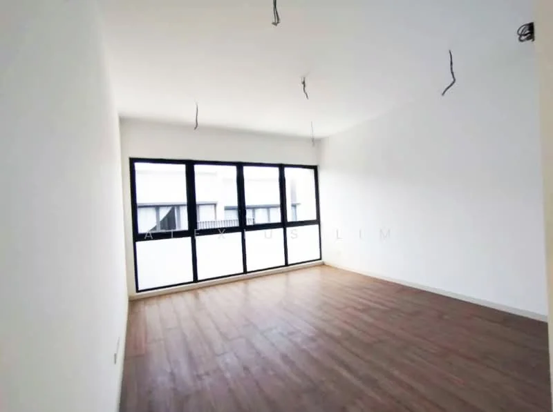 Room features: white painted walls, laminate flooring, floor-to-ceiling windows, no visible ceiling fixtures, no visible furniture, natural light from windows, neutral color scheme.