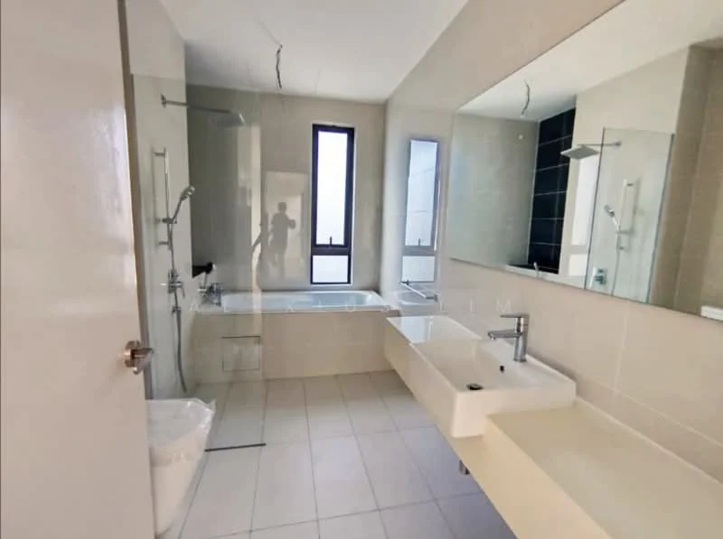 Bathroom features: bathtub, walk-in shower with glass enclosure, double-bowl sink, chrome basin mixer faucets, large mirror, white tiled walls, light-colored tile flooring, window for natural light, built-in shelving, toilet, recessed lighting; style: modern.