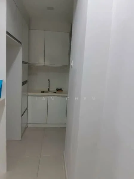 Kitchen features: white cabinetry, laminate countertop, single-bowl stainless-steel sink, chrome pull-down faucet, ceramic tile flooring, white painted walls, built-in appliances, recessed downlights; style: modern.