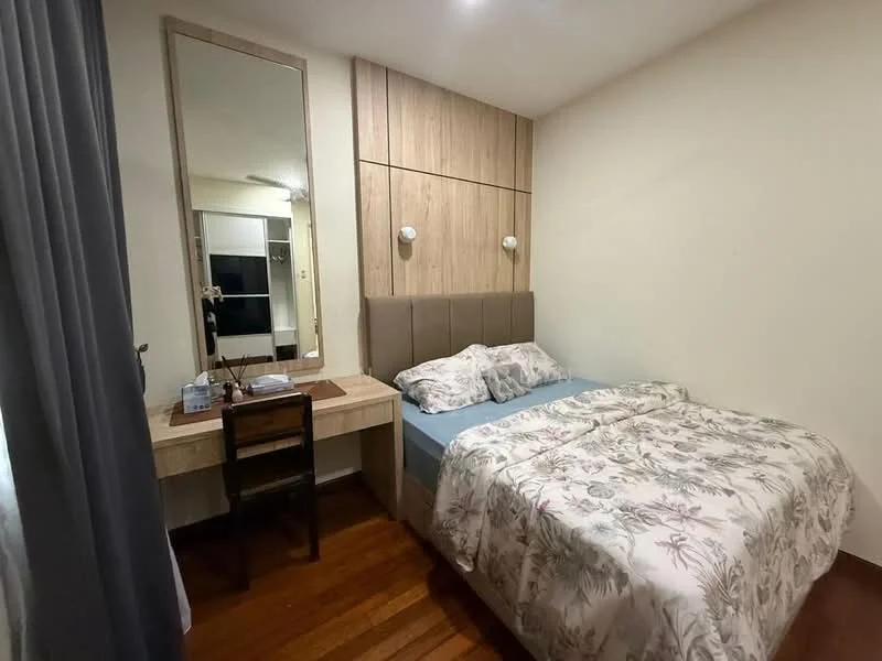 Bedroom features: queen-size bed with upholstered headboard, floral patterned bedding, wooden bedside table, desk with chair, mirror on wall, wooden flooring, wall-mounted light fixtures, curtains, built-in wardrobe; style: modern.