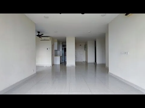 Room features: white painted walls, polished ceramic tile flooring, ceiling with recessed downlights, 1 ceiling fan, open layout, large windows, neutral color scheme, no visible furniture; style: modern.