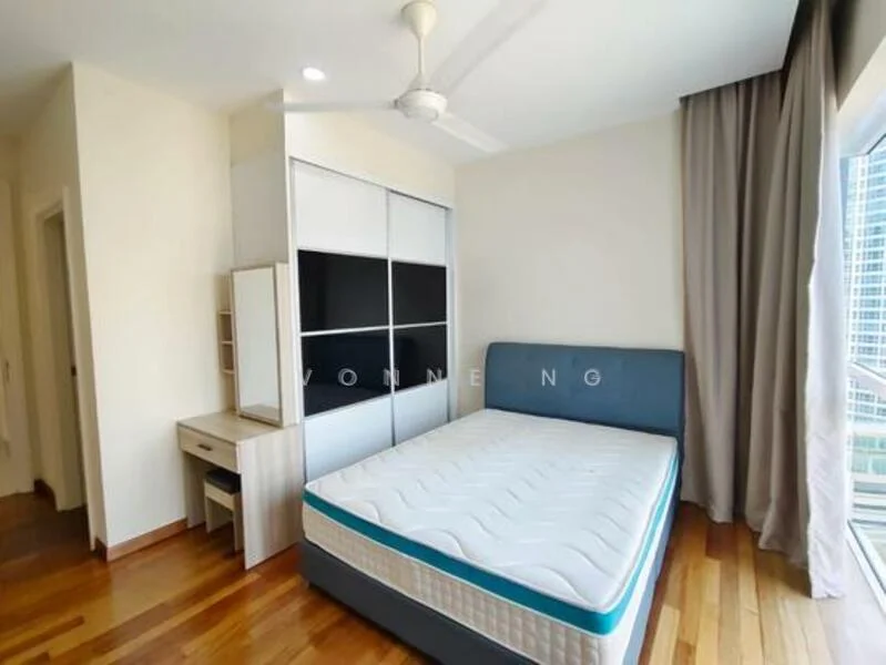 Bedroom features: queen-size bed, upholstered headboard, wooden flooring, built-in wardrobe with sliding doors, study desk, ceiling fan, floor-to-ceiling windows, curtains; style: modern; view: city.
