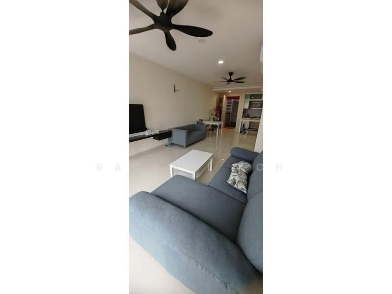 Living features: grey fabric 3-seater sofa, light grey fabric 2-seater sofa, white coffee table, wall-mounted TV, TV console, ceiling fan with light, recessed downlights, cream painted walls, glossy tile flooring, decorative cushion on sofa, open layout, large windows for natural light; style: modern.
