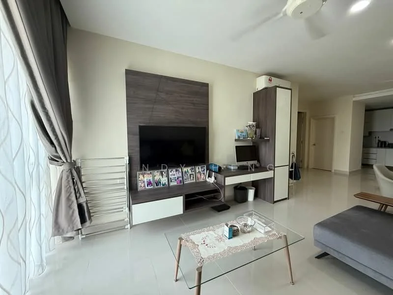 Living features: grey fabric sofa, coffee table, wall-mounted TV, TV console with storage, decorative items on console, light-colored tiled flooring, floor-to-ceiling windows with sheer curtains, ceiling fan, wall-mounted shelving unit, neutral wall color, decorative wall art, area rug; style: modern.