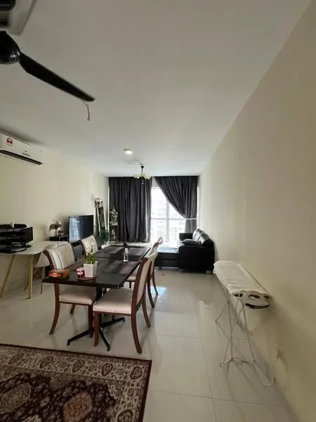 Living features: 3-seater black leather sofa, dining table with 6 chairs, TV console, wall-mounted TV, area rug with floral pattern, floor-to-ceiling windows, sheer curtains, ceiling fan, white painted walls, polished tile flooring, indoor plants, ironing board; style: modern; view: city.