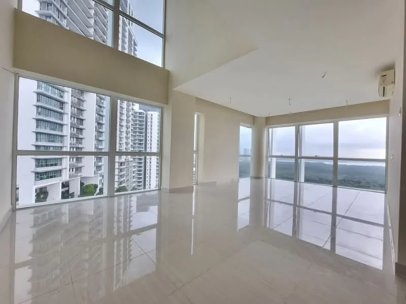 Living features: white painted walls, polished marble flooring, floor-to-ceiling windows, city view, recessed downlights, open layout, air conditioning unit, high ceiling; style: modern; view: city.
