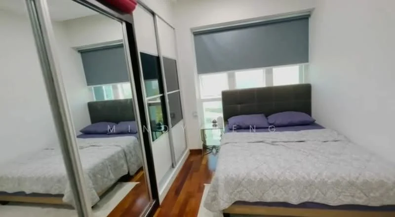 Bedroom features: queen-size bed with grey upholstered headboard, bedding with patterned duvet cover, 2 purple pillows, built-in wardrobe with mirrored sliding doors, wooden flooring, white painted walls, window with grey roller blinds, nightstand with lamp; style: modern.