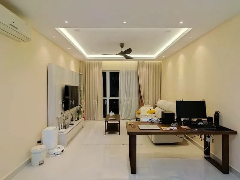 Living features: white painted walls, polished tile flooring, tray ceiling with recessed lighting, 5-blade ceiling fan, floor-to-ceiling windows, sheer curtains, sofa in cream color, coffee table, TV console, wall-mounted TV, area rug, study desk with computer, decorative items on desk; style: modern.
