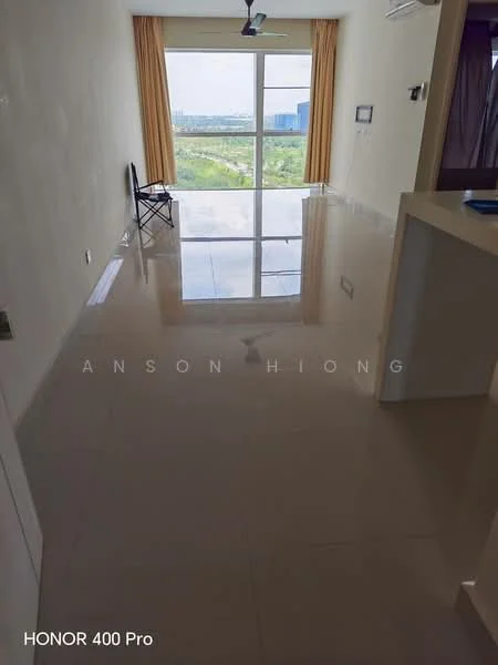 Living features: glossy tile flooring, white painted walls, floor-to-ceiling windows, curtains in yellow, ceiling fan, single chair, open layout, city view; style: modern; view: city.