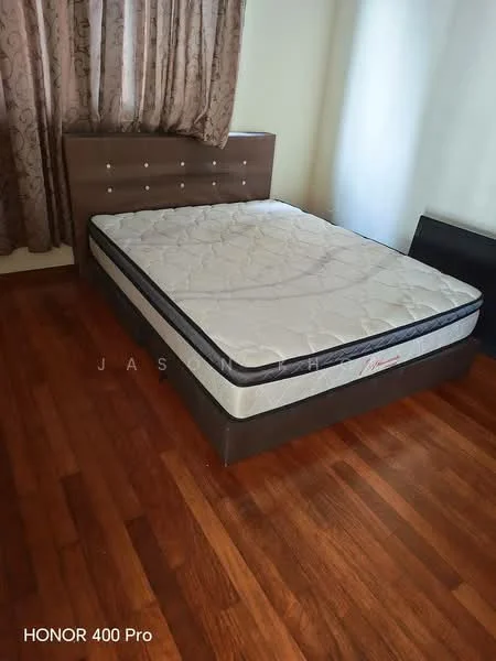 Bedroom features: queen-size bed, upholstered headboard, wooden flooring, curtains, wall with light color paint, nightstand, mattress, decorative wall paneling; style: modern.