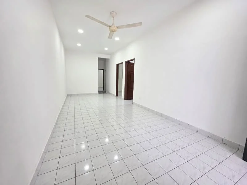 Room features: white painted walls, glossy ceramic tile flooring, ceiling fan, recessed LED downlights, two doorways, open space layout; style: modern.