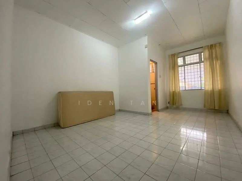Room features: white painted walls, tile flooring, single window with sheer curtains, light fixture on ceiling, empty space, mattress leaning against wall, door leading to another room; style: minimalist.