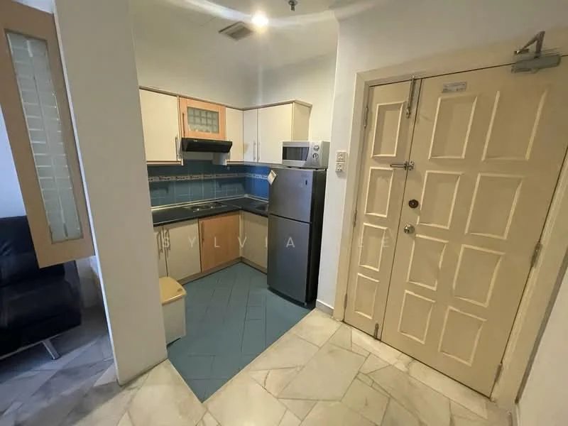 Kitchen features: light wood cabinetry, black countertop, stainless-steel fridge, built-in oven, ceramic cooktop, blue tiled backsplash, single-bowl stainless-steel sink, chrome pull-down faucet, tile flooring, wall-mounted kitchen hood, window above sink, open layout to living area; style: modern. Room features: white painted walls, marble flooring, main entrance door, interior door with multiple panels.