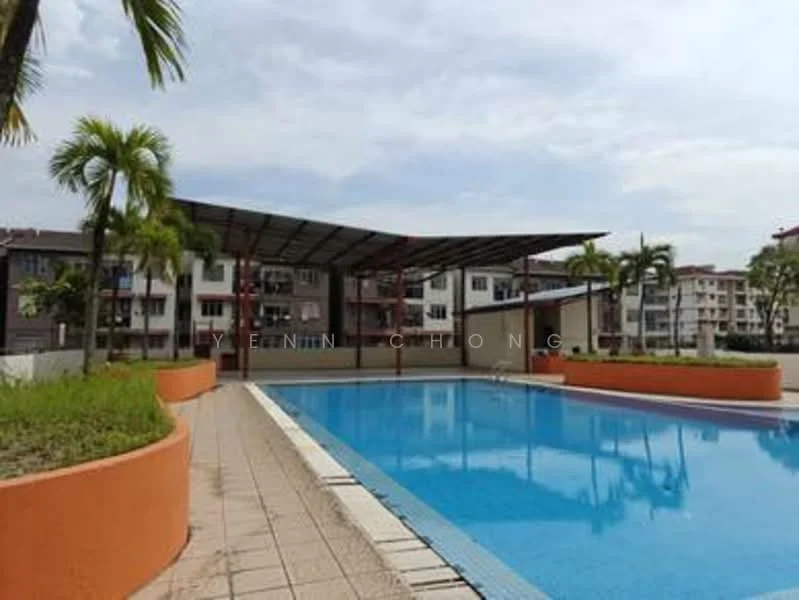 Exterior type: swimming pool deck; features: infinity pool, pool deck with loungers, covered seating area, manicured landscaping, palm trees, surrounding residential buildings, tile flooring around pool, orange painted walls; style: modern.