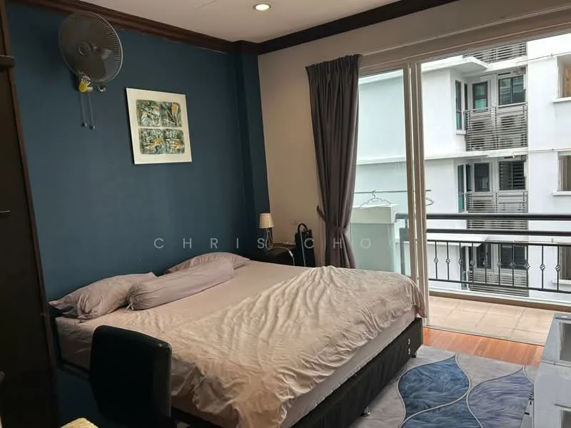 Bedroom features: king-size bed with grey bedding, dark wood bed frame, blue painted walls, floor-to-ceiling windows, sliding glass door, curtains, wooden flooring, nightstand with lamp, framed artwork on wall, ceiling fan; style: modern; view: courtyard.