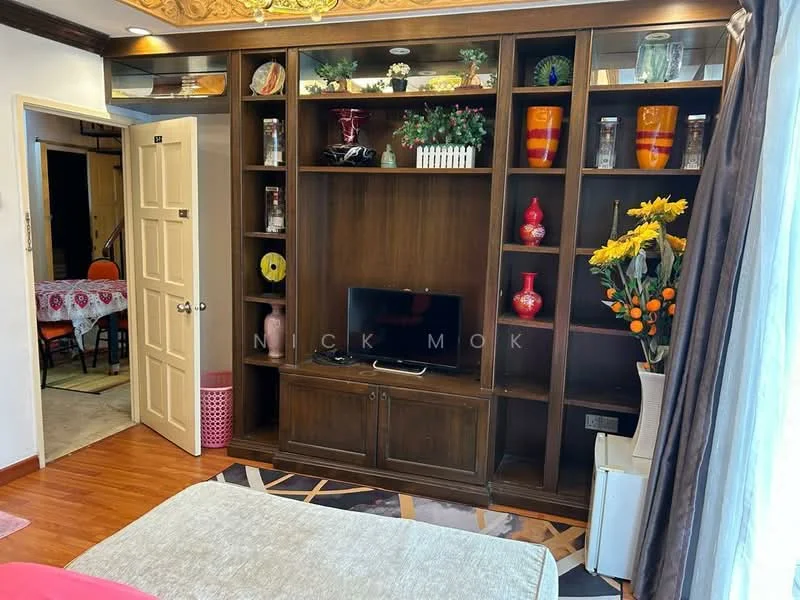 Living features: wood flooring, built-in wooden shelving unit, wall-mounted TV, decorative vases, artificial flowers in vase, framed artwork, recessed ceiling lights, curtains, sofa, coffee table; style: modern.