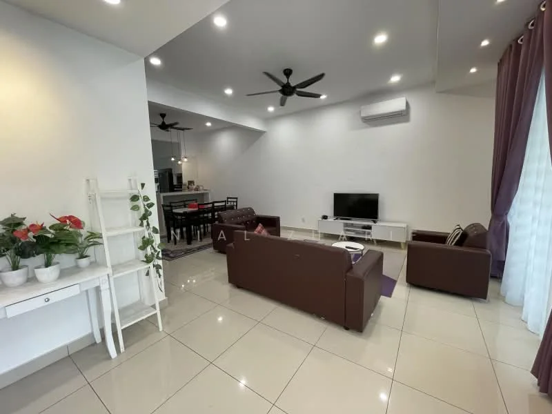Living features: 2-seater leather sofa in brown, 3-seater leather sofa in brown, coffee table, wall-mounted TV, TV console, area rug, recessed downlights, ceiling fan, white painted walls, glossy tile flooring, curtains, air conditioning unit; style: modern. Dining features: dining table with chairs, open-plan layout, white painted walls, glossy tile flooring, recessed downlights, ceiling fan; style: modern.