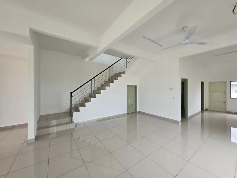 Room features: white painted walls, polished ceramic tile flooring, staircase with metal railing, ceiling fan, large windows, open layout, high ceiling, natural light; style: modern.