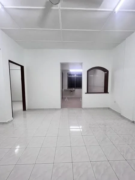 Room features: white painted walls, glossy ceramic tile flooring, recessed ceiling lights, arched window with grill, window with grid pattern, neutral color scheme, open layout, no visible furniture; style: modern.