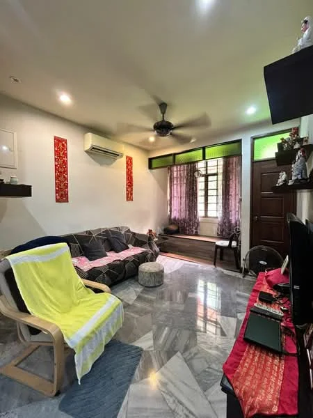 Living features: 3-seater fabric sofa in grey, single armchair, round ottoman, marble flooring, ceiling fan, wall-mounted air conditioning unit, window with sheer curtains, decorative wall art, wooden door, TV console, red decorative cloth on console; style: modern.