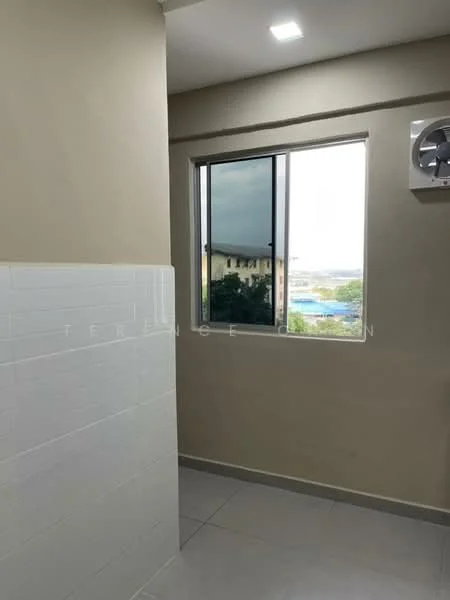 Room features: light grey painted walls, white tiled wall, grey floor tiles, floor-to-ceiling window, window with black frame, wall-mounted air conditioning unit, recessed ceiling lights; style: modern; view: city.