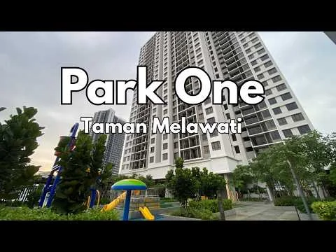Exterior type: high-rise condominium; features: glass curtain wall, white painted facade, recessed balconies, playground area with slides, manicured landscaping, swimming pool area, outdoor seating, tropical landscaping, children's play area, surrounded by greenery; style: modern.
