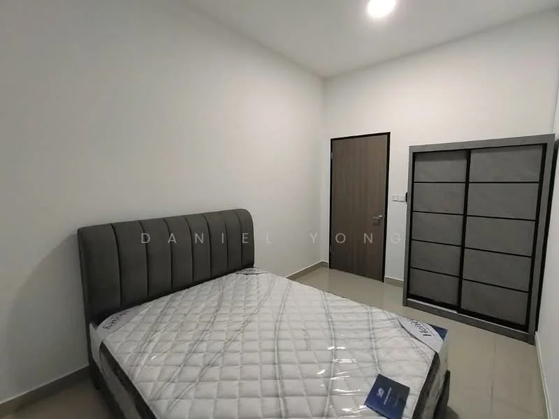 Bedroom features: queen-size bed, upholstered headboard, grey upholstered bed frame, tile flooring, white painted walls, built-in wardrobe with sliding doors, single window, ceiling light fixture; style: modern.
