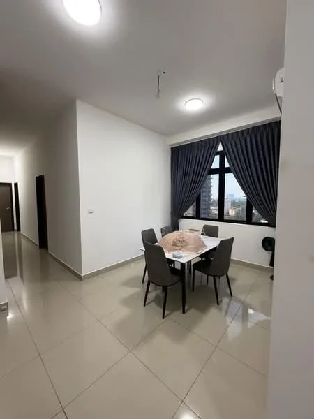 Dining features: 6-seater dining table, upholstered dining chairs, white walls, grey curtains, floor-to-ceiling windows, tile flooring, recessed ceiling lights, city view; style: modern; view: city. Room features: white walls, tile flooring.