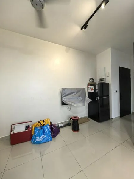Room features: white painted walls, glossy ceramic tile flooring, ceiling fan, black refrigerator, wall-mounted TV, storage box, colorful bags, black furniture piece, light fixture, dark door; style: modern.