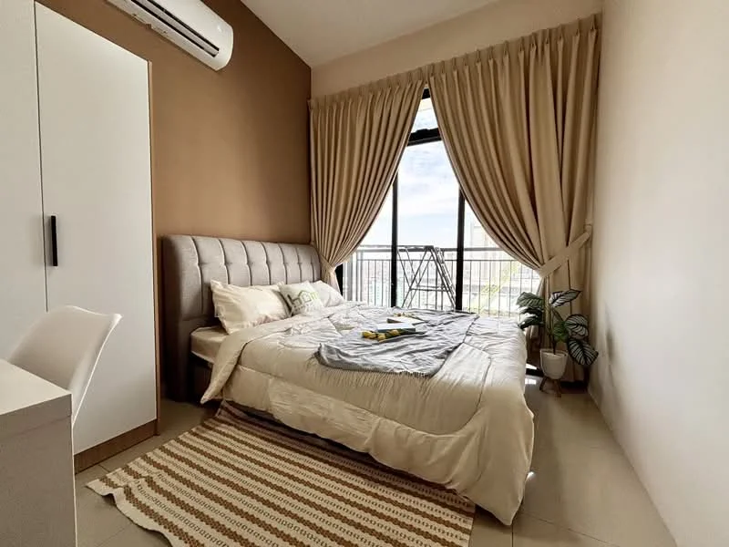 Bedroom features: king-size bed with upholstered headboard, white bedding with decorative pillows, floor-to-ceiling windows, curtains in beige, striped area rug, white bedside table, potted plant, wall-mounted air conditioning unit, light-colored walls, neutral-colored flooring; style: modern; view: city.