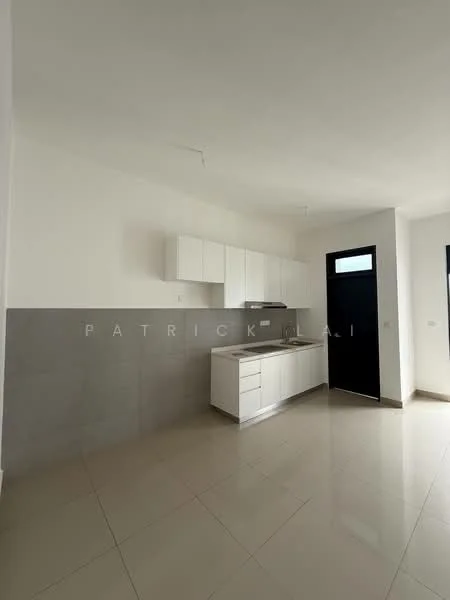 Kitchen features: white cabinetry, stainless-steel sink, chrome pull-down faucet, grey tiled backsplash, built-in oven, freestanding range oven, ceramic tile flooring, recessed downlights, window with black frame, open shelving, countertop space, single-bowl sink; style: modern.