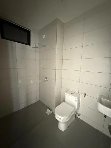 Bathroom features: white tiled walls, grey tiled flooring, one-piece toilet, wall-mounted sink, shower area with glass partition, chrome showerhead, single towel rail, small window for ventilation; style: modern.