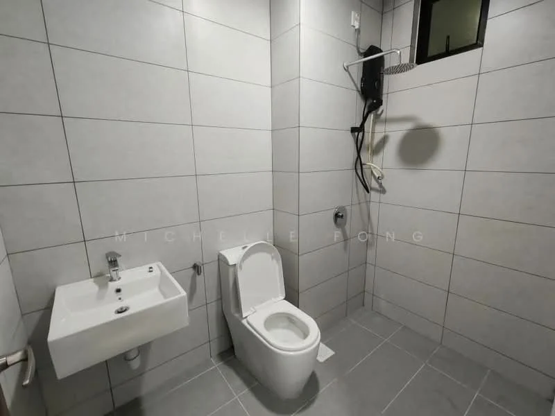 Bathroom features: grey ceramic tile flooring, light grey tiled walls, white wall-mounted sink, chrome basin mixer faucet, white one-piece toilet, shower head with wall-mounted holder, exposed plumbing, small window for ventilation; style: modern.