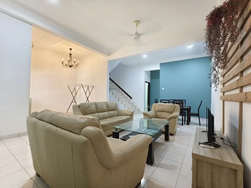 Living features: cream leather sofa set, glass coffee table, wall-mounted TV, light-colored tiled flooring, ceiling fan, chandelier, decorative wall with wooden slats, white painted walls, dining table with chairs visible in background; style: modern.