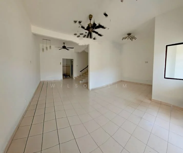Living features: white painted walls, tile flooring, 5-blade ceiling fan, 3-blade ceiling fan, large window, open layout, staircase visible, neutral color scheme; style: modern.