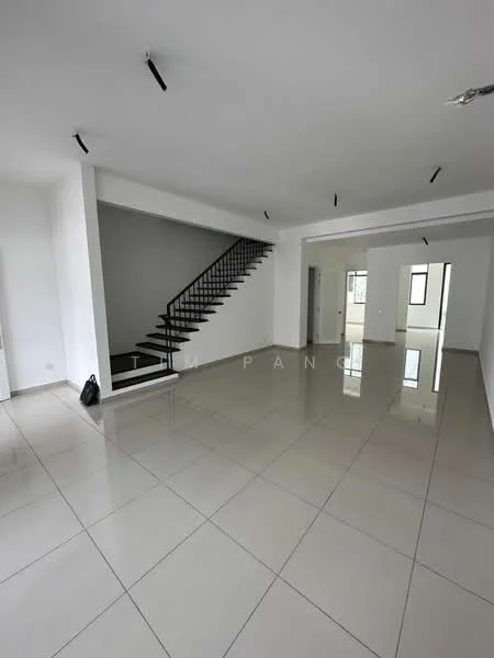 Living features: white painted walls, polished ceramic tile flooring, recessed downlights, staircase with black metal railing, large windows, open layout, neutral color scheme, high ceiling; style: modern.