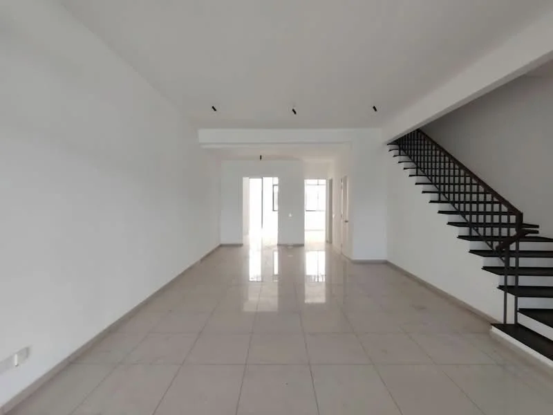 Living features: white painted walls, polished marble flooring, recessed downlights, staircase with black metal railing, large windows for natural light, open layout, neutral color scheme, high ceiling; style: modern.