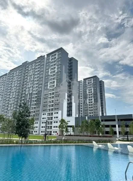 Exterior type: high-rise condominium; features: glass curtain wall, grey painted facade, approximately 20-storey high-rise, infinity pool, pool deck with loungers, manicured lawn, mature trees, landscape garden, multi-storey car park, surrounded by greenery; style: modern.