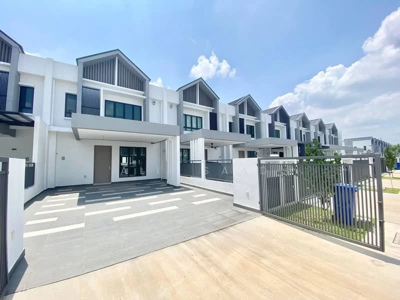 Exterior type: linked terrace house; features: white painted facade, grey accent panels, flat roof, 2-storey structure, manicured lawn, paved driveway, metal gate, surrounded by greenery, clear blue sky, modern architectural design; style: modern.