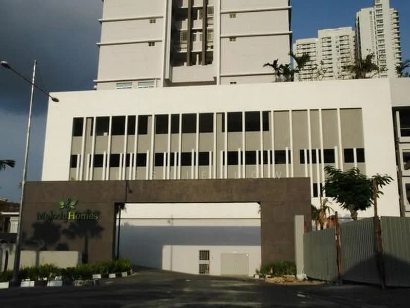 Exterior type: mid-rise condominium; features: white painted facade, glass windows, grey stone cladding, recessed balconies, landscaped entrance, manicured lawn, surrounded by mature greenery; style: modern.