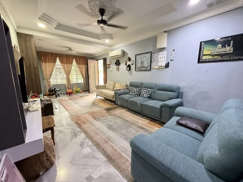 Living features: 3-seater fabric sofa in light blue, 2-seater fabric sofa in light blue, coffee table, TV console, wall-mounted TV, area rug with geometric pattern, ceiling fan, recessed downlights, large windows with sheer curtains, decorative wall art, marble flooring, wall-mounted air conditioning unit; style: modern; view: garden.