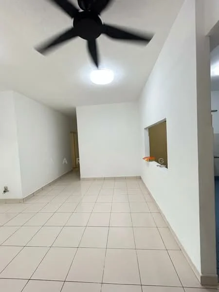 Room features: white painted walls, tile flooring, ceiling fan, recessed ceiling light, open layout, window opening to adjacent room.