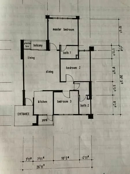 Floor plan: 3-bedroom 2-bathroom unit; features: open-plan living and dining, master bedroom with ensuite bathroom, balcony off living room, kitchen adjacent to dining, bedroom 2 with shared bathroom, yard area, entrance foyer, bedroom 3, bath 1, bath 2.