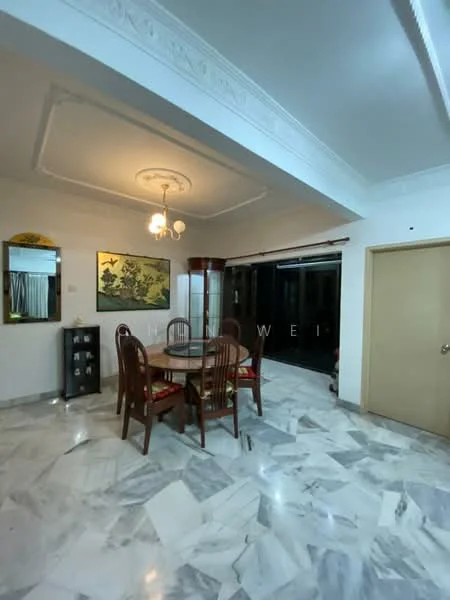 Dining features: round dining table, 6 dining chairs, marble flooring, white painted walls, tray ceiling with chandelier, large glass sliding doors, wooden sideboard, framed artwork on wall, mirror on wall; style: traditional.