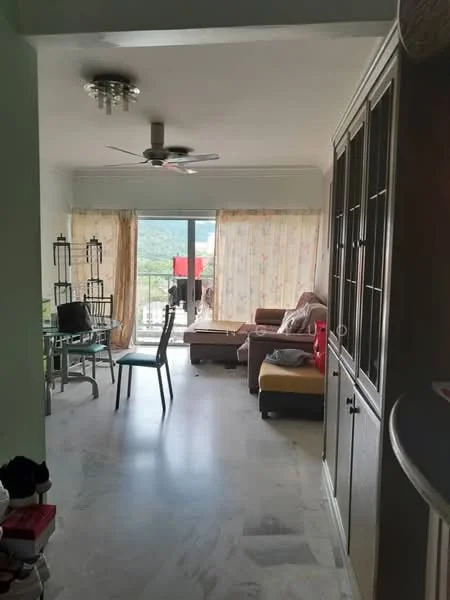 Living features: marble flooring, 5-blade ceiling fan with light, floor-to-ceiling windows, sheer curtains, sofa in beige, coffee table, TV console, decorative wall unit, area rug, dining table with chairs, view of mountains; style: modern; view: mountain.