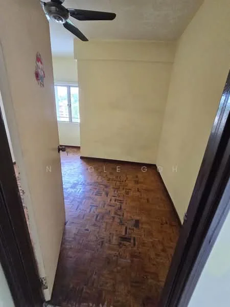 Room features: wooden flooring, cream painted walls, ceiling fan, window with natural light, door leading to hallway.