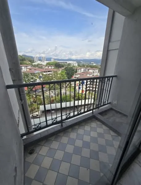 Balcony features: balcony with railing, tiled flooring in grey and cream, city view, surrounding buildings visible, open sky, sufficient space for outdoor furniture; view: city.
